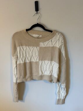 Altar'd State Beige & White Cropped Patchwork Crew Sweater